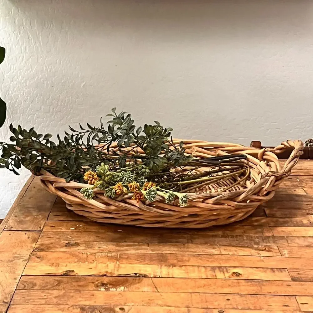 Rattan Woven Wicker Oval Basket With Handles Farmhouse Cottage